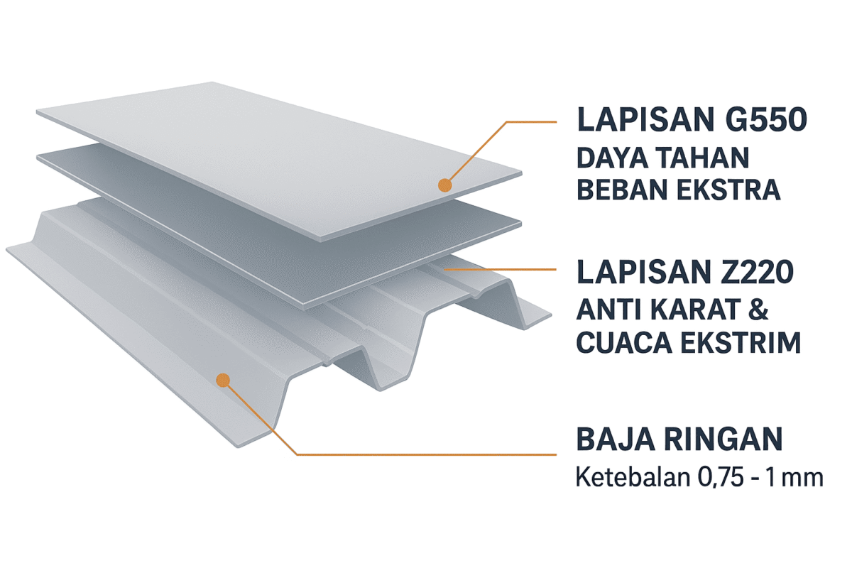 Ilustrasi Bondek Z220 - PT MMMA Pabrik Bondek Spandek Terlengkap Infografis struktur lapisan bondek dan spandek PT MMMA dengan baja G550 dan lapisan anti karat Z220